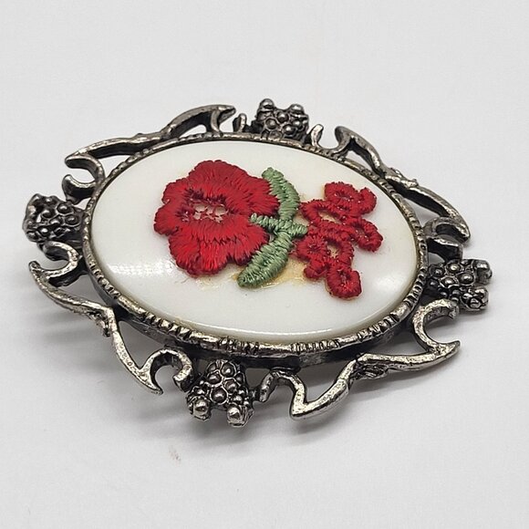VTG Silver Tone Brooch Pendant with white cabochon and Red LIFE Flower Applique - Picture 7 of 10